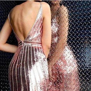 Jovani Rose Gold sequined embellished fabric, V shaped back
